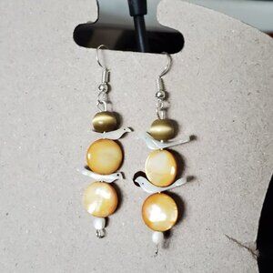 Silver Tone Hook Mother of Pearl Disc and Bird, Cat's Eye Earrings Artisan Style